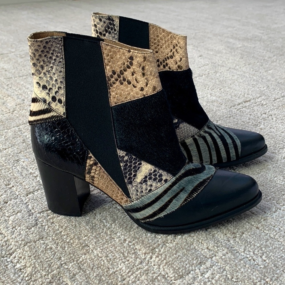 Kalda Patchwork Animal Snakeskin Print 3" Heeled Leather Booties Women EU 37 EUC